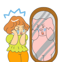 鏡を見てショックを受けている太った女性のイラスト