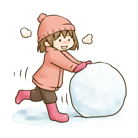 大きな雪玉を作る女の子のイラスト