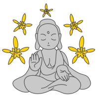 仏像の周りに黄色い花が置いてあるイラスト