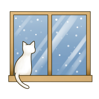 雪が降るのを窓から見ている猫のイラスト