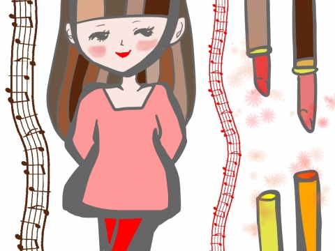 オレンジ口紅をイメージした後ろで手を組んでいる女の子のイラスト
