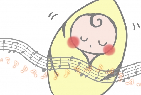 音楽に合わせてゆらされている赤ちゃんのイラスト