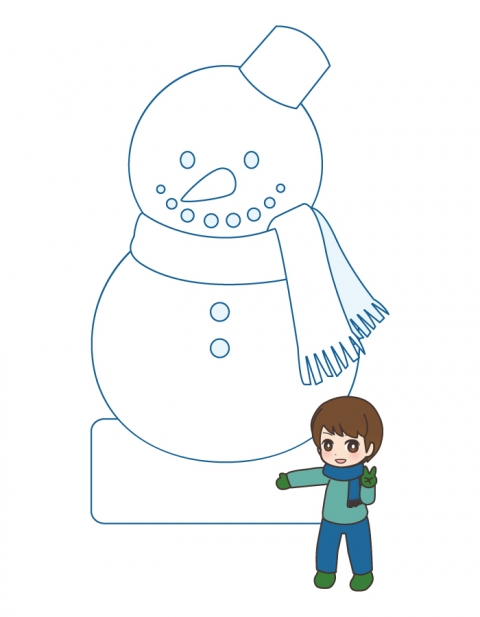 大きな雪だるまの前でポーズをとる男の子のイラスト 無料イラストの