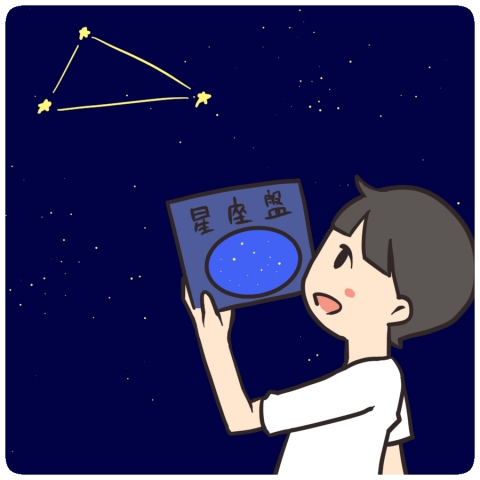 夏の星を観察する子供が星座盤を持っているイラスト