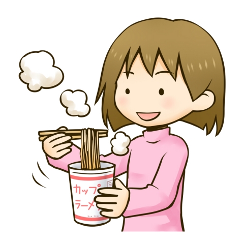 カップ麺を食べる女の子のイラスト