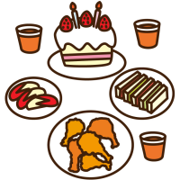 バースデーケーキと食べ物のイラスト