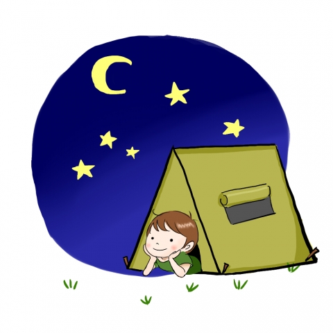 テントで星空を見ているイラスト