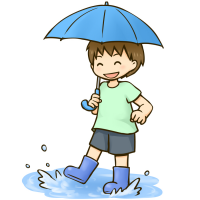 傘をさして水たまりで遊ぶ男の子のイラスト