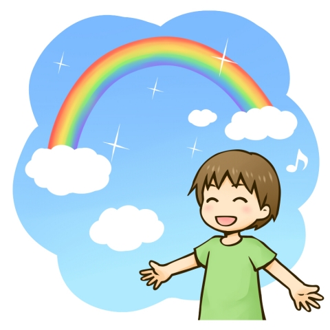 虹が出た空と男の子のイラスト
