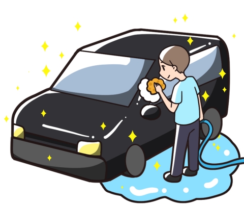 丁寧に車を洗車する男性のイラスト