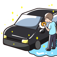 丁寧に車を洗車する男性のイラスト