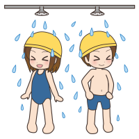 プールのシャワーを浴びる男の子と女の子