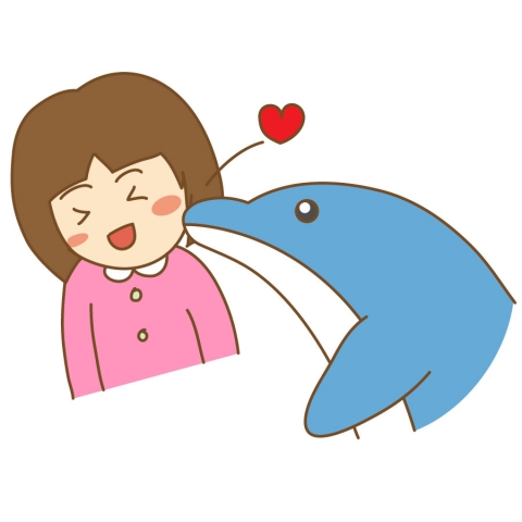 イルカにキスをされる女の子のイラスト