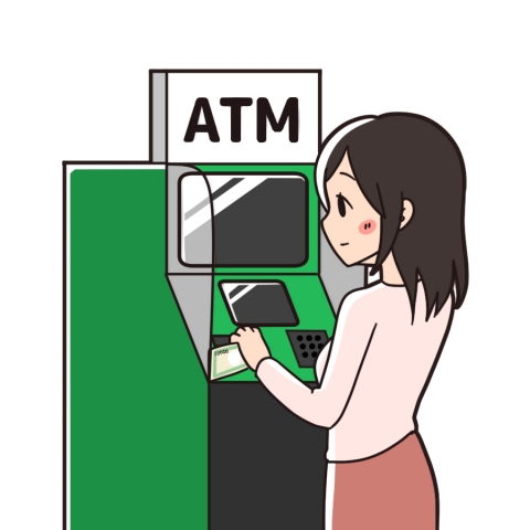 ATMからお金を引き出す女性のイラスト
