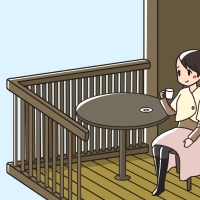テラス席でお茶する女性のイラスト