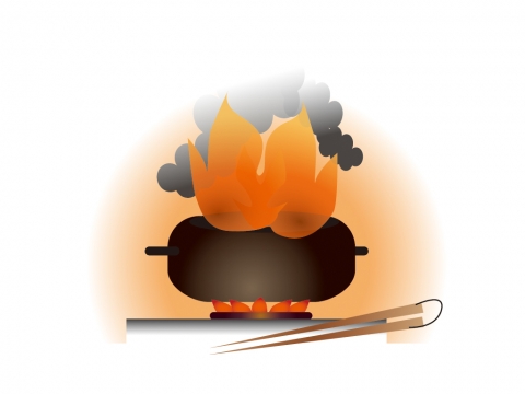 天ぷら鍋から火災が起こるイラスト