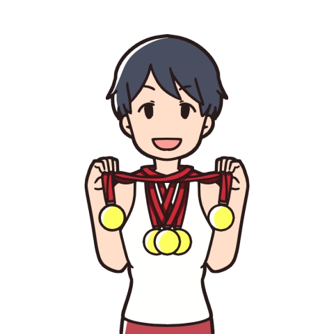金メダルをいっぱいかけた選手のイラスト